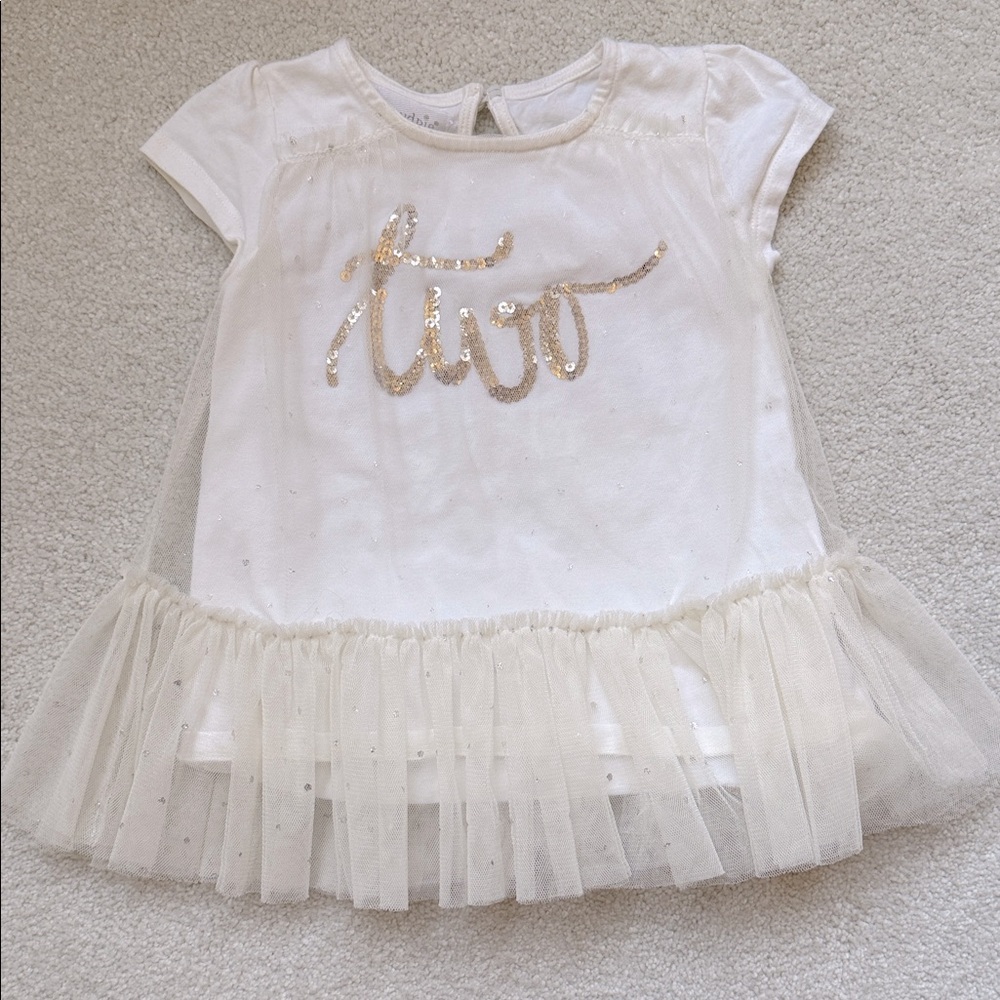Mud Pie “Two” Cream and Gold Tulle Tee